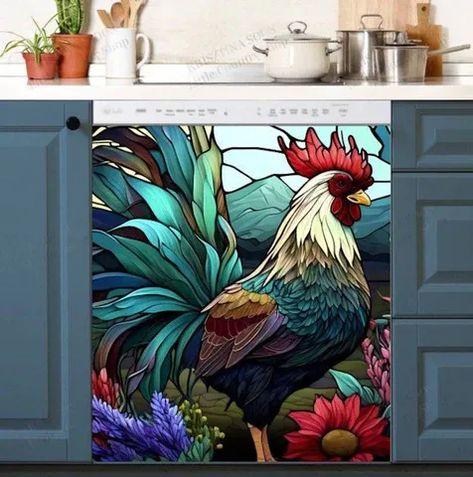 Decorating With Roosters In Kitchen, Country Kitchen Signs Diy, Dishwasher Magnet Covers, Dishwasher Cover Magnetic, Rooster Kitchen Decor Farmhouse Style, Chicken Decor Kitchen, Painted Dishwasher, Cabinet Trash, Chicken Kitchen Decor