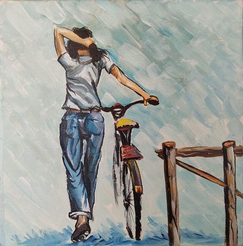 Girl On Bicycle Dance Photography, People Illustrations, Girls With Cameras, Girls On Bike, Bicycle Art, Bicycle Girl, People Illustration, Bike Art, Pastel Painting