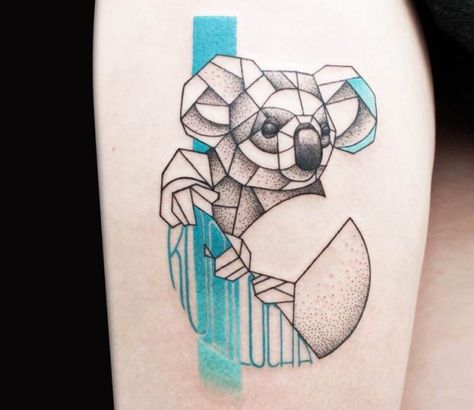 Koala tattoo by Olga Sienkiewicz Geometric Koala Tattoo, Koala Tattoo, Back Of Shoulder Tattoo, Incredible Tattoos, Bear Tattoo, World Tattoo, Modern Tattoos, Diy Tattoo, Dot Work Tattoo