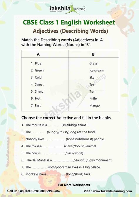 Worksheet For Class 1 Maths, Class 1 English, Practice English Grammar, Adjectives Grammar, Speech Worksheets, Eng Grammar, Class 1 Maths, Worksheet For Class 2, English Grammar Test