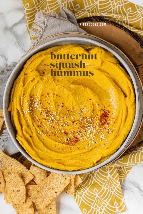 Butternut Squash Hummus | Turn roasted butternut squash cubes into perfectly savory whipped hummus in just 10 minutes with pantry ingredients like beans and spices. Madras curry powder gives this super creamy hummus a warm and cozy flavor. Whipped Hummus, Hubbard Squash Recipes, Butternut Squash Hummus, Squash Hummus, Roasted Butternut Squash Cubes, Blue Hubbard Squash, Butternut Recipes, Butternut Squash Cubes, Creamy Hummus