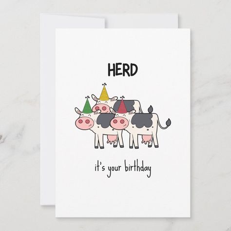 Funny Cow Herd Pun Birthday Card | #funny #pun #illustration #birthday #humor #cool #joke #herd #cows #minimalist Diy Pun Birthday Cards, Food Pun Birthday Cards, Funny Animal Birthday Cards, Birthday Card Puns Friends, Funny Handmade Cards, Funny Watercolor Birthday Cards, Funny Diy Cards, Funny Handmade Birthday Cards, Dad Joke Birthday Card