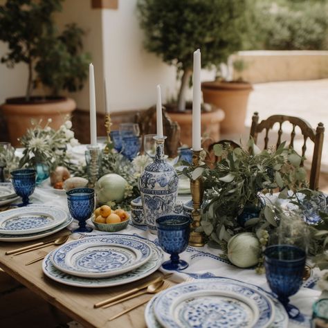 Mediterranean wedding - A wedding with decor inspired by the Mediterranean region, like olive branches, bright blue accents, and al fresco dining Essen, Greek Wedding Plate Smashing, Blue And White Italian Dinner Party, Wedding Ideas Mediterranean, Mediterranean Garden Wedding, Mediterranean Style Wedding Decor, Wedding Mediterranean Food, Blue And White Mediterranean Decor, Greek Inspired Wedding Decoration