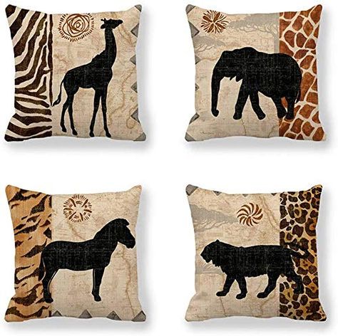 Set of 4,African Animals,Giraffe,Elephant,Horse,Leopard with Zebra Pattern & Leopard Pattern Decorative Throw Pillow ... Animal Print Throw Pillows, Animal Print Pillows, Animal Throw Pillows, Styl Boho, Linen Pillow Cases, African Animals, Decorative Throw Pillow Covers, Linen Cushion, Printed Throw Pillows