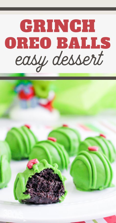 Don't forget to make this Grinch OREO Cookie Balls Recipe! These are perfect for a holiday party or sharing with family and friends. #truffles #oreodessert #easyholidaydessert #3boysandadog Grinch Balls, Oreo Cookie Balls Recipe, Oreo Cake Balls, Oreo Ball, Oreo Cupcake Recipe, Oreo Brownies Recipe, Cookie Balls Recipe, Oreo Balls Recipe, Ball Cookies