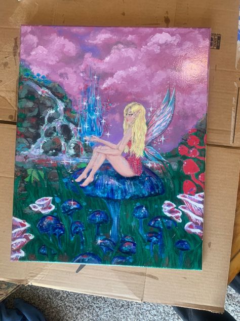 Acrylic Painting on canvas of fairy holding blue fire sitting on a mushroom with pond and waterfall in background and pink cloudy sky Painting Ideas Fairycore, Mushroom Fairy Painting, Fairy Acrylic Painting, Fairy Painting, Paint Inspo, Fairy Paintings, Mushroom Fairy, Fantasy Paintings, Fairy Core