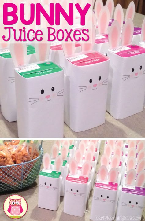 Bunny Juice Boxes, Kindergarten Party, Easter Birthday Party, Easter School, Bunny Birthday Party, Easter Snacks, Easter Preschool, Bunny Party, Juice Box