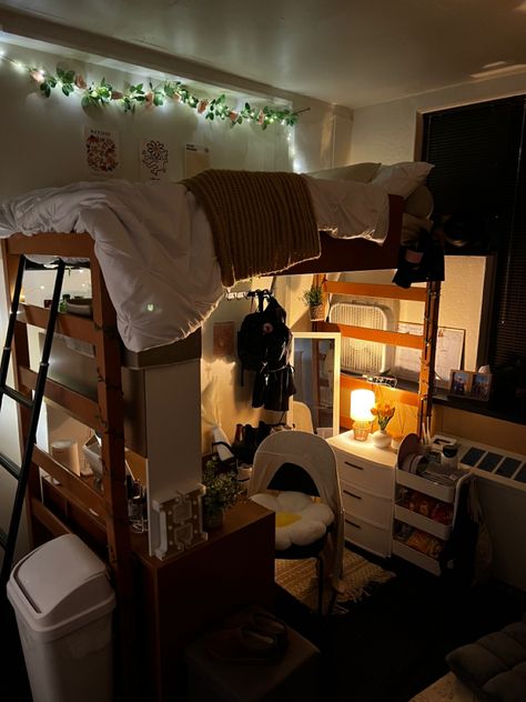 My freshman year dorm at uw madison Chill Dorm Room Aesthetic, Dorm Common Area, Dorm Room Designs Vintage, College Dorm Room Ideas Loft, Loft Dorm Room Ideas, Tiny Dorm Room Ideas, Room Inspo Aesthetic Cozy, Ucsd Dorm, Room Ideas Aesthetic Minimalist