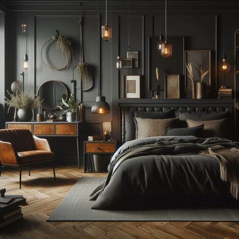 Masculine Bedroom Men’s Industrial Bedroom, Masculine Wood Bedroom, Dark Interior Design Luxury Bedroom, Moody Loft Bedroom, Bachelor Decor Masculine Interior, Masculine Wall Decor Bedroom, Masculine Bedroom Colors Colour Schemes, Masculine Home Decor Ideas, Industrial Bedroom Design Ideas