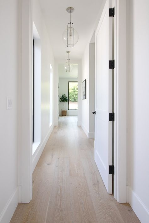 Coastal Farmhouse — Kymberlea Earnshaw Design Interior Doors Coastal, Coastal Bedroom Flooring, Light Wood Floor White Walls, Blonde Oak Floors, Light Wood Flooring Ideas, Hamptons Flooring, Blonde Wood Floors, All White Interior Design, Wood Floors In Kitchen