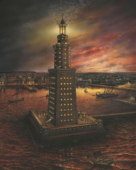 Ancient Egyptian Blog ☥ on Instagram: “The Lighthouse of Alexandria was built on the island of Pharos outside the harbours of Alexandria, Egypt c. 300 - 280 BCE, during the…” Alexandria Lighthouse, Lighthouse Of Alexandria, Alexandria City, Library Of Alexandria, Gardens Of Babylon, Egypt Tattoo, Great Pyramid Of Giza, Alexandria Egypt, Architecture Concept Drawings