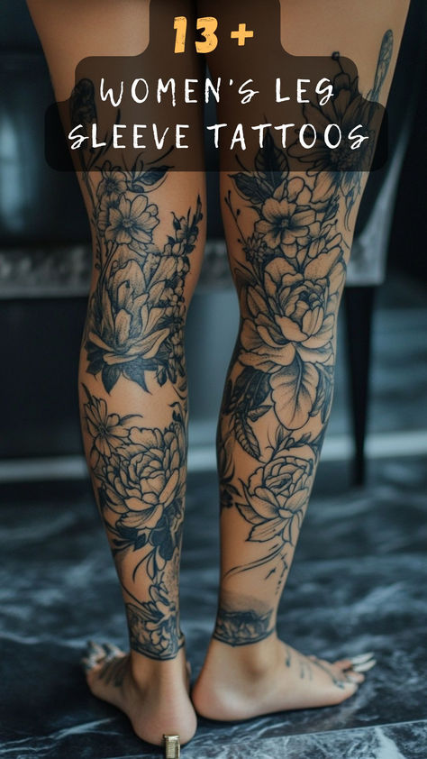 Thinking about a leg sleeve tattoo? Click to discover 13 stunning leg sleeve tattoo ideas for women that'll inspire your next ink. Unleash your style! 🌸🖋️ #LegSleeveTattoos #WomenInk #TattooIdeas #InkInspiration #TattooArt Delicate Female Sleeve Tattoo, Trad Leg Tattoos Women, Full Sleeve Leg Tattoos Women, Thigh To Knee Tattoo Women, Simple Leg Sleeve Tattoo Women, Tattoos On Legs Women, Full Leg Piece Tattoo Women, Desert Landscape Tattoo Sleeve, Half Body Tattoos For Women