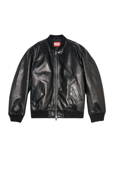 Styled with a regular fit and bomber neck, this men's black leather jacket is padded and elevated with a waxy tumbled finish. An embossed oval D logo embellishes the left sleeve.-Regular fit;Zip closure;Flap pockets;Ribbed bomber collar, cuffs and hem;Lined and padded Mens Padded Jacket, Diesel Shorts, Diesel Jacket, Diesel Clothing, Mens Black Leather, Balenciaga Triple S, Leather Jacket Black, Black Leather Jacket, Padded Jacket