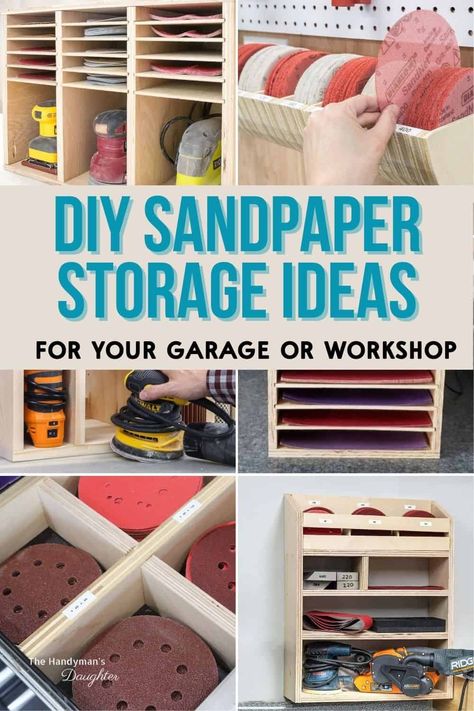 Sandpaper Storage, Diy Sanding, Thrift Store Furniture Makeover Diy, Storage Ideas Diy, Woodworking Garage, Workbench Plans Diy, Woodworking Tools Storage, Woodshop Organization, Garage Organization Diy