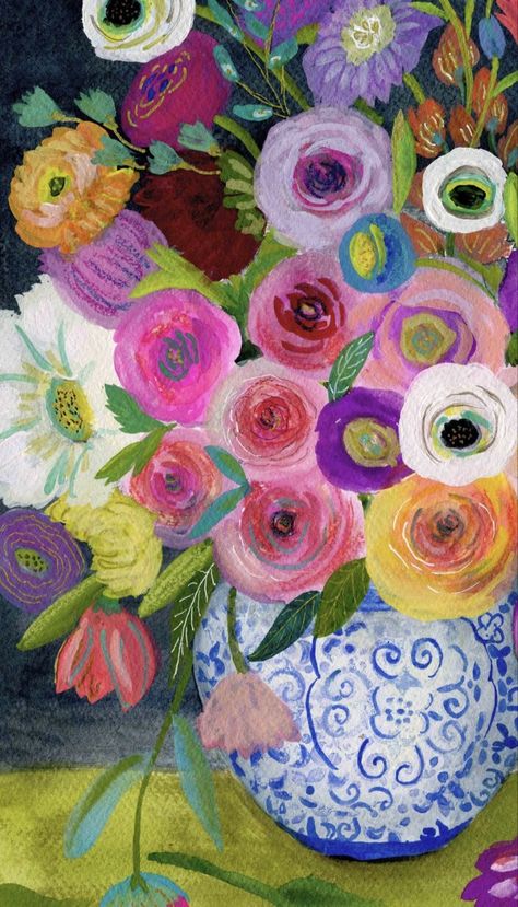 Drawing Abstract Flowers, Whimsical Floral Art, Whimsical Floral Painting, Folk Art Painting Whimsical Flowers, Susan Allard Artist, Suzanne Allard, Ali Kay, Abstract Flower Bouquet Painting, Suzani Artwork