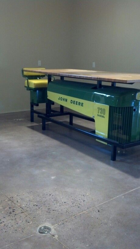 John deer hood made into table Tractor Hood Table, Tractor Bar, John Deere Kitchen, John Deere Room, John Deere Art, John Deere Decor, Tractor Decor, Woodworking School, Automotive Furniture