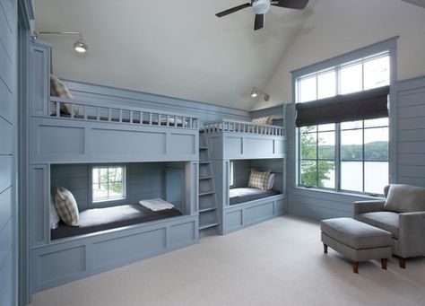 21 Awesome Bunk Rooms Built In Bunk Bed Ideas, Lake House Bunk Rooms, Bunk Bed Wall, Grey Bunk Beds, Luxury Dorm Room, Bunk Room Ideas, Bunk Beds For Boys Room, Bunk Bed Ideas, Modern Bunk