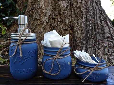 Set of 3 Mason Jar Set. Rustic Bathroom Storage. Mason Jar Bathroom Set. Painted Mason Jars. Bathroom Decor. Gift For Her. Housewares. by KDubWoodCreations on Etsy Mason Jar Bathroom Decor, Mason Jar Bathroom, Rustic Mason Jars, Jar Decor, Diy Jar Crafts, Rustic Bathroom Decor, Soap Dispensers, Painted Jars, Painted Mason Jars