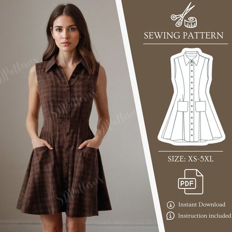 Button-Front Shirt Dress Sewing Pattern with Pockets Korean Dress Pattern Sewing, Knit Dress Sewing Pattern, Pocket Dress Pattern, Modest Couture, Embroidery Couture, Etsy Patterns, Unique Sewing Patterns, Apparel Sewing, Dress Shirt Dress