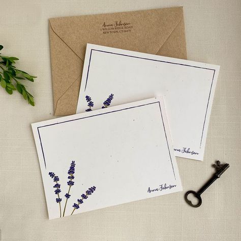 Lavender Personalized Stationery. Eco Friendly Botanical Notecard Set. Set of 10. Elegant Wedding Invitation Card, Teachers Day Card, Note Pad Design, Name Card Design, Paper Wall Hanging, Stationery Printing, Hanging Flower Wall, Notecard Set, Envelope Design