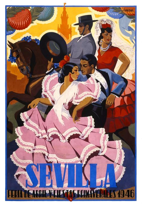 seville april fair,feria de sevilla,andalusia,seville,spain,flamenco,sevilla,affiche,cartel,poster art,vintage travel,festival,andalusia, easter,Baena,fiestas de primavera,sevillana,spain travel poster,spanish tourism,vintage spain,1940s,holy week,vintage advertising,retro poster,advertising poster,vintage spain travel,spain advertising,spain poster,poster art,vintage poster,affiche,cartel,vintage advertising poster,retro poster,retro advertising,Publicités Spanish Festivals, Spanish Posters, Retro Graphics, Poster Poster, Advertising Poster, Vintage Travel Posters, Seville, Art Plastique, Travel Prints