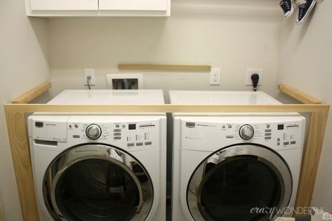 DIY built in washer + dryer - Crazy Wonderful Laundry Room Countertop, Laundry Room Storage Shelves, Room Storage Diy, Laundry Room Closet, Laundry Room Renovation, Laundry Room Inspiration, Laundry Room Remodel, Laundry Closet, Laundry Room Diy