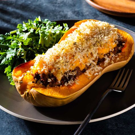 Stuffed Butternut Squash with Ground Beef Stuffed Butternut Squash Recipes Meat, Ground Pork Butternut Squash, Stuffed Butternut Squash With Ground Beef, Butternut Squash Hamburger Recipes, Baked Stuffed Butternut Squash, Roasted Stuffed Butternut Squash, Chicken Stuffed Butternut Squash Recipes, Ground Beef Stuffed Butternut Squash Recipes, Ground Beef Stuffed Butternut Squash