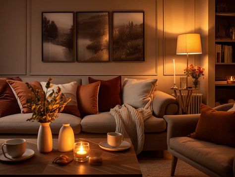 Brown And Rust Living Room Decor, Dark Beige Sofa Living Room Ideas, Brown Colour Scheme Living Room, Butterscotch Walls Living Room, Neutral And Rust Living Room, Cosy Earthy Living Room, Neutral And Orange Living Room, Autumn Colour Living Room, Cosy Brown Living Room