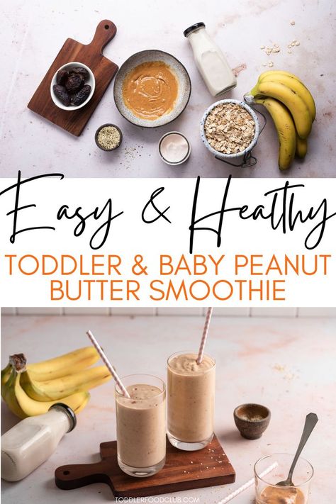 baby and toddler smoothie, healthy toddler smoothie, blw smoothie Easy Peanut Butter Smoothie, Healthy Peanut Butter Smoothie, Filling Breakfast Smoothie, Toddler Smoothie Recipes, Easy Quick Breakfast, Baby Smoothies, Healthy Smoothies For Kids, Toddler Picky Eater, Toddler Smoothies