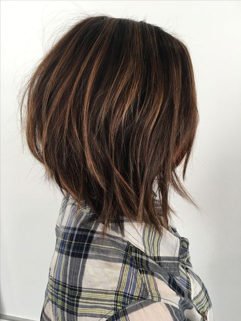 Short Brunette Highlights, Dark Bob Highlights, Highlights Brown Hair Short Bob, Hi Lo Haircut Women, Dark Layered Bob, Highlights Dark Hair Short, Short Dark Hair With Highlights Straight, Dark Brown Hair With Highlights Bob, Balayage For Short Dark Brown Hair