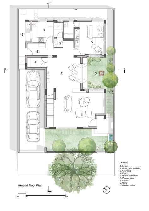 The house is envisaged as a large concrete tray that hovers over a white monolith. The placement of this tray is directed by the sun’s movement with respect to the vertical white surfaces below. As a consequence, the tray extends itself outwards, shielding the walls on the west and south. The plan of the house opens itself up to the more climatically pleasant east in the form of an open court. Arjun Krishna, Krishna Photography, 30x40 House Plans, Architecture Design Competition, Bungalow Floor Plans, Architecture Drawing Plan, Courtyard Gardens Design, Courtyard House Plans, Architectural Floor Plans