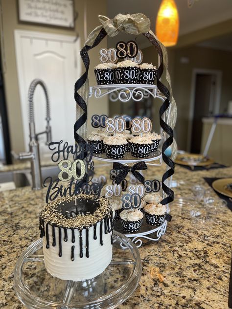 80th birthday cake and cupcakes 80th Cake Ideas For Men, 80th Birthday Cake Man, 80th Birthday Cake For Grandfather, Cake 80th Birthday, 80th Birthday Cake For Men, Birthday Cake And Cupcakes, 80th Birthday Cake, 80 Birthday Cake, Cake And Cupcakes