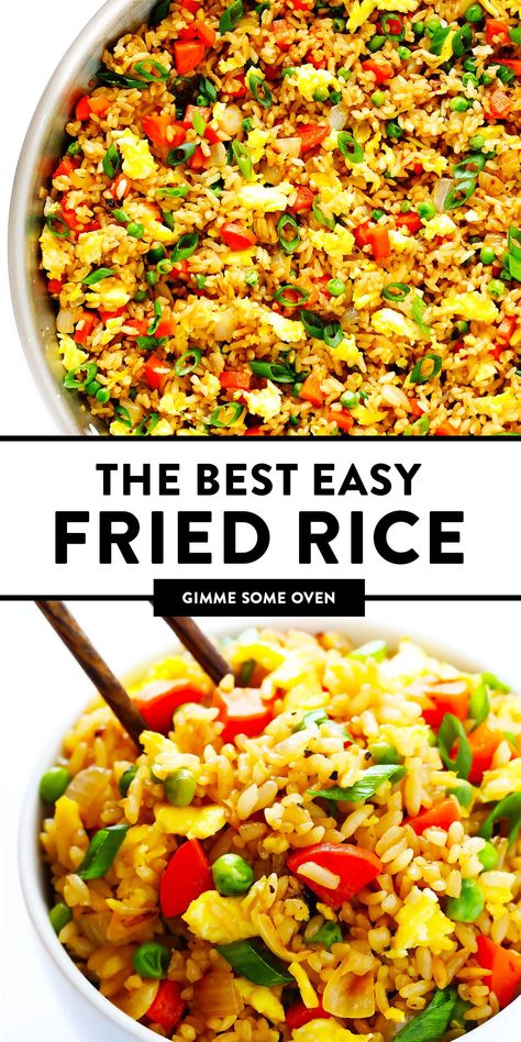 The BEST homemade fried rice recipe!! It only takes 15 minutes to make, it's easy to customize with your favorite add-ins (like chicken, pork, beef, shrimp, tofu, and/or vegetables), and it is SO flavorful and delicious! Way better than any Chinese takeout I've ever tried. ;) | gimmesomeoven.com #rice #friedrice #chinese #dinner #takeout #vegetarian #asian #easy Chinese Fried Rice Recipe Easy, Easy Chinese Rice, Shrimp Fried Rice Easy, Pork Fried Rice Easy, Simple Fried Rice Recipe, Veggie Fried Rice Recipe, Vegetable Stir Fry Rice, Stir Fried Rice Recipe, Chinese Fried Rice Recipe