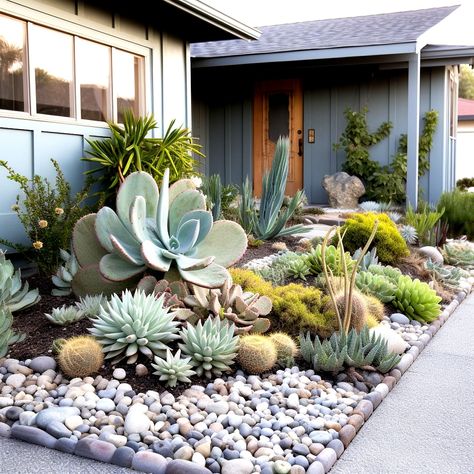 Hanging Cactus Plants Outdoor, Succulent Landscaping Front Yard, Succulent Garden Landscape, Front Yard Decor, Succulent Landscape Design, Succulent Garden Design, Succulent Landscaping, Dry Garden, Gravel Garden