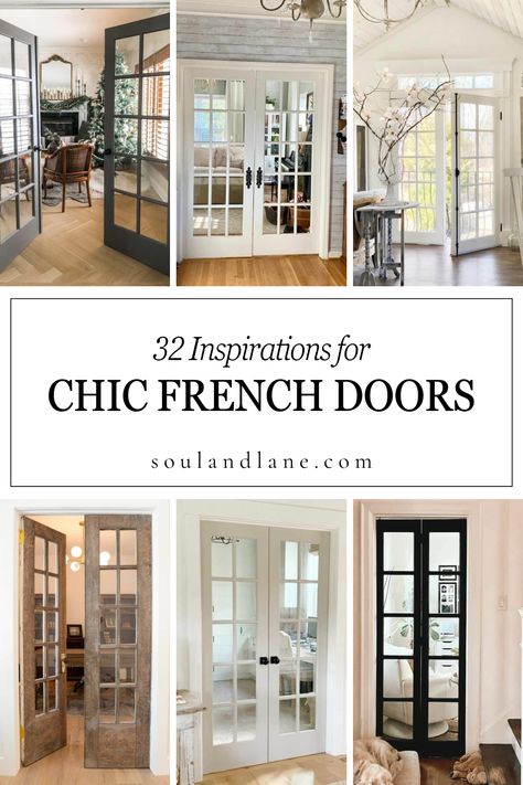 Choose classic wooden French doors to add a touch of rustic charm and warmth to your living space, perfect for connecting interiors to outdoor areas like gardens or patios. For a more modern appeal, opt for sleek, black-framed French doors that offer dramatic contrast and contemporary elegance. Consider installing French doors with frosted or stained glass panels for added privacy without sacrificing natural light. Enhance your entryway or divide indoor spaces with beautifully detailed French do French Doors With Transom Above, Mirrored French Doors Interior, French Doors Exterior Backyards, Double French Front Doors, Modern Indoor Glass Door, Backdoor Ideas Back Doors Patio, French Doors To Back Porch, Narrow Exterior French Doors, French Door Hardware Ideas