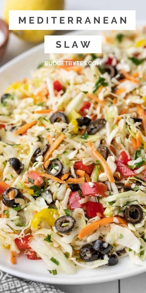 Simple Dish To Pass Ideas, Tri Color Slaw Recipes, Semi Homemade Meals, Small Group Meal Ideas, Mediterranean Coleslaw, Lemony Dressing, Carb Sides, Mediterranean Foods, Mediterranean Diet Recipes Dinners