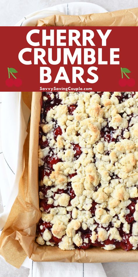 Cherry Crumble Bars. A sweet layer of cherry pie filling is nestled in-between a sweet, buttery crust, Cherry Crumble Bars, Recipe For Cherry Pie, Cherry Crumble Pie, Cherry Pie Crumble, Cherry Pie Bars, Cherry Crumble, Cherry Pie Recipe, Pie Crumble, Baked Dinner