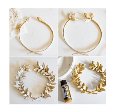 Diy Laurel Wreath Crown, Laurel Wreath Diy, Greek Decorations, Greek Goddess Costume Diy, Greek Wreath, Greek Night, Gladiator Costume, Upcycled Picture Frames, Greek Crafts