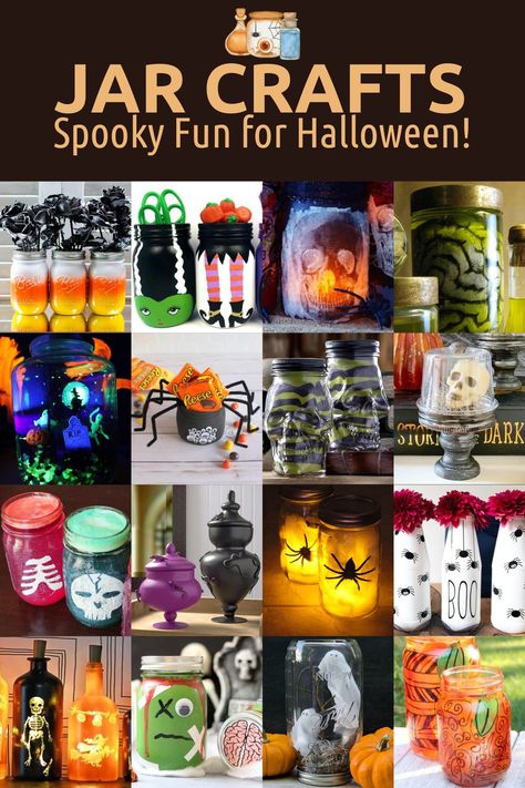 Halloween In A Jar: 30+ Spooky Fun Jar Crafts - DIY Candy Halloween Crafts With Glass Jars, Halloween Jars Ideas, Halloween Glass Jars, Glass Jar Halloween Crafts, Halloween Mason Jar Crafts, Glass Jar Crafts, Easy Diy Halloween Crafts, Canning Jars Crafts, Diy Halloween Apothecary Jars