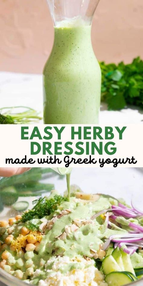 Light, zesty, and filled with fresh herby flavor, this Greek yogurt dressing is a fantastic addition to salads! It's also great as a dipping sauce and it comes together in just about 5 minutes. Dressings With Greek Yogurt, Greek Yogurt Based Sauce, Yogurt Salad Dressing Recipes, Greek Yogurt Dressing Recipes Healthy, Hummus Vinaigrette Dressing, Greek Yogurt Based Salad Dressing, Yogurt Based Salad Dressing, Creamy Lemon Dressing Greek Yogurt, Salad Dressing With Greek Yogurt