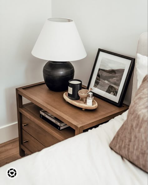 Bedroom Nightstand Decor, Charging Nightstand, Transitional Home Decor Ideas, Bedside Table Styling, Simple Nightstand, Nightstand Styling, Bedside Table Decor, Nightstand Decor, Style Nightstand