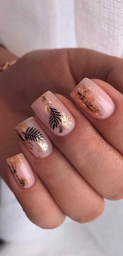 49 Cute Nail Art Design Ideas With Pretty & Creative Details : Pink nude with gold foil Rose Foil Nails, Short Foil Nail Designs, Rose Gold Leaf Nails, Foils Nails Designs, Rose Gold Foil Nails Designs, Nail Art Feuille D'or, Nails With Black Details, Rose Gold Foil Nails, Milky Rose Nails