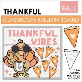 This is a great time to talk about thankfulness! Your students will love this bulletin board or door decor! Includes: Turkey Poster- 6 pages (PDF also included to print the turkey bigger or smaller.) "Thankful Vibes" Letters "I am thankful for" pies for students (color and black/white)Customer Tips:... Thanksgiving Bulletin Board Kindergarten, November Bulletin Board Kindergarten, Thankful Bulletin Board Ideas For School, Thanksgiving Classroom Decor, Leaf Bulletin Board Ideas, November Bulliten Boards, Classroom Thanksgiving Decorations, Thankful Door Decorations Classroom, Thankful Turkey Printable Free