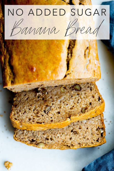 The best ever healthy No Added Sugar Banana Bread, bursting with banana flavor and made with no refined sugar. It’s also dairy-free and has just 150 calories and 6 grams of sugar per slice. Enjoy it plain or add some mix-ins: walnuts, pecans, raisins, or my favorite, chocolate chips! #bananabread #bananabreadrecipe #healthybananabread #bananarecipe #noaddedsugar #nosugarjanuary | modernminimalism.com Blw Banana Bread, No Added Sugar Banana Bread, No Refined Sugar Banana Bread, No Sugar Added Banana Bread, Banana Recipes No Sugar, Sugar Free Banana Bread Recipe, Company Desserts, No Sugar Banana Bread, Low Sugar Banana Bread