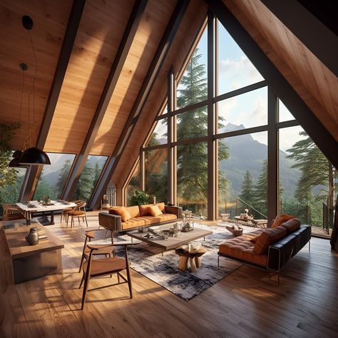 House Up In The Mountains, Mountain Wood House Interior, Aesthetic Wooden House, Homes With Mountain Views, Mountain Cabin Architecture, Wooden Lake House, Scandinavian Cabin Living Room, Wooden House In The Forest, Home With Mountain View