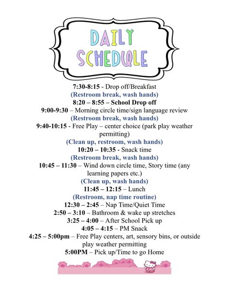 Two Year Old Classroom Schedule, Daycare Schedule For Infants, Inhome Daycare Schedule, Sample Daycare Schedule, Preschool Daily Schedule Ideas, Daycare Nap Time Ideas, Preschool Day Schedule, Daycare First Day, Infant Daycare Schedule