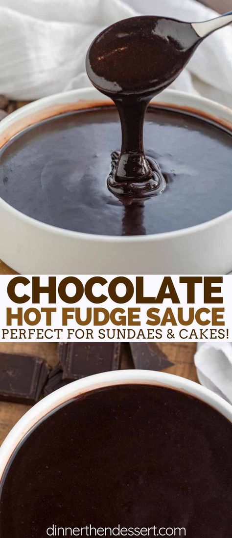 Easy Hot Fudge Sauce is sweet and indulgent, made with cocoa powder, butter, sugar, and heavy cream with vanilla, and ready in only a few minutes! #sprinkles #chocolate #hotfudge #icecream #summer #bananasplit #dinnerthendessert Hot Fudge Sauce Recipe Cocoa, Easy Hot Fudge Sauce, Easy Hot Fudge, Hot Fudge Topping, Homemade Chocolate Sauce, Hot Chocolate Sauce, Chocolate Sauce Recipes, Cocoa Powder Recipes, Homemade Hot Fudge