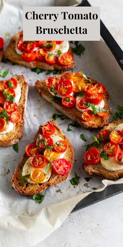 Baguette With Tomatoes, Toasted Bread With Tomatoes, Tomato Basil Toast, Fall Cherry Tomato Recipes, Goat Cheese Cherry Tomatoes, Grape Tomato Bruschetta, Tomato On Bread Appetizer, Breakfast Ideas With Cherry Tomatoes, Cherry Tomato Tart Recipes