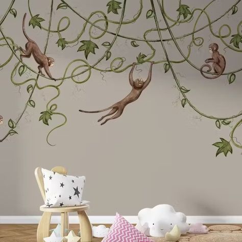 Joyful Monkey Nursery Wallpaper Wallpaper For Rooms, Monkey Nursery, Monkey Jump, Green Vines, Jungle Wallpaper, Kids Room Wallpaper, Nursery Wallpaper, Soothing Colors, Room Wallpaper