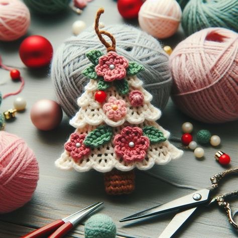 Crochet Christmas Tree Ornament Idea Free Crocheted Christmas Patterns, Knit Tree Ornaments, Crochet Christmas Toys Free Pattern, Christmas Knitted Decorations, Christmas Crochet Crafts To Sell, Crochet Xmas Decorations Free Pattern, Lace Ornaments Diy, Ornament Christmas Tree Diy, Crochet Christmas Tree Applique